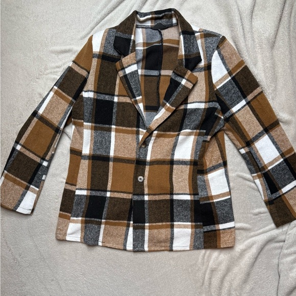 Plaid Blazer in Brown, Black, and White no label Sz M/L Shoulder Pads - Picture 1 of 6